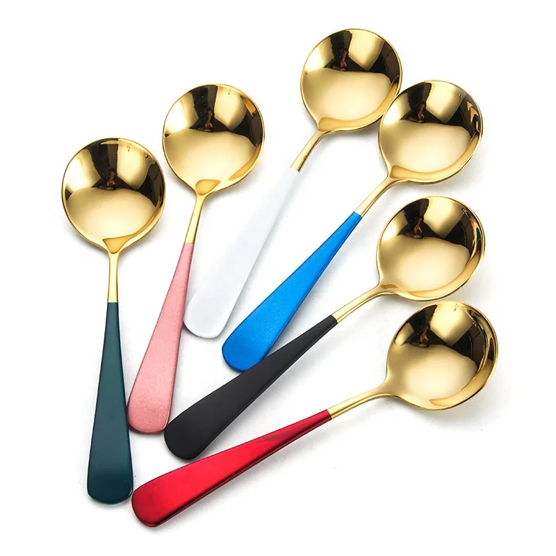 Mirror Polish Colorful Handle Round Spoon Kid Steel Spoon Titanium Spoon, Silver/rose gold/gold/black/gold+painted
Mirror Polish Colorful Handle Round Spoon Kid Steel Spoon Titanium Spoon, Silver/rose gold/gold/black/gold+painted
