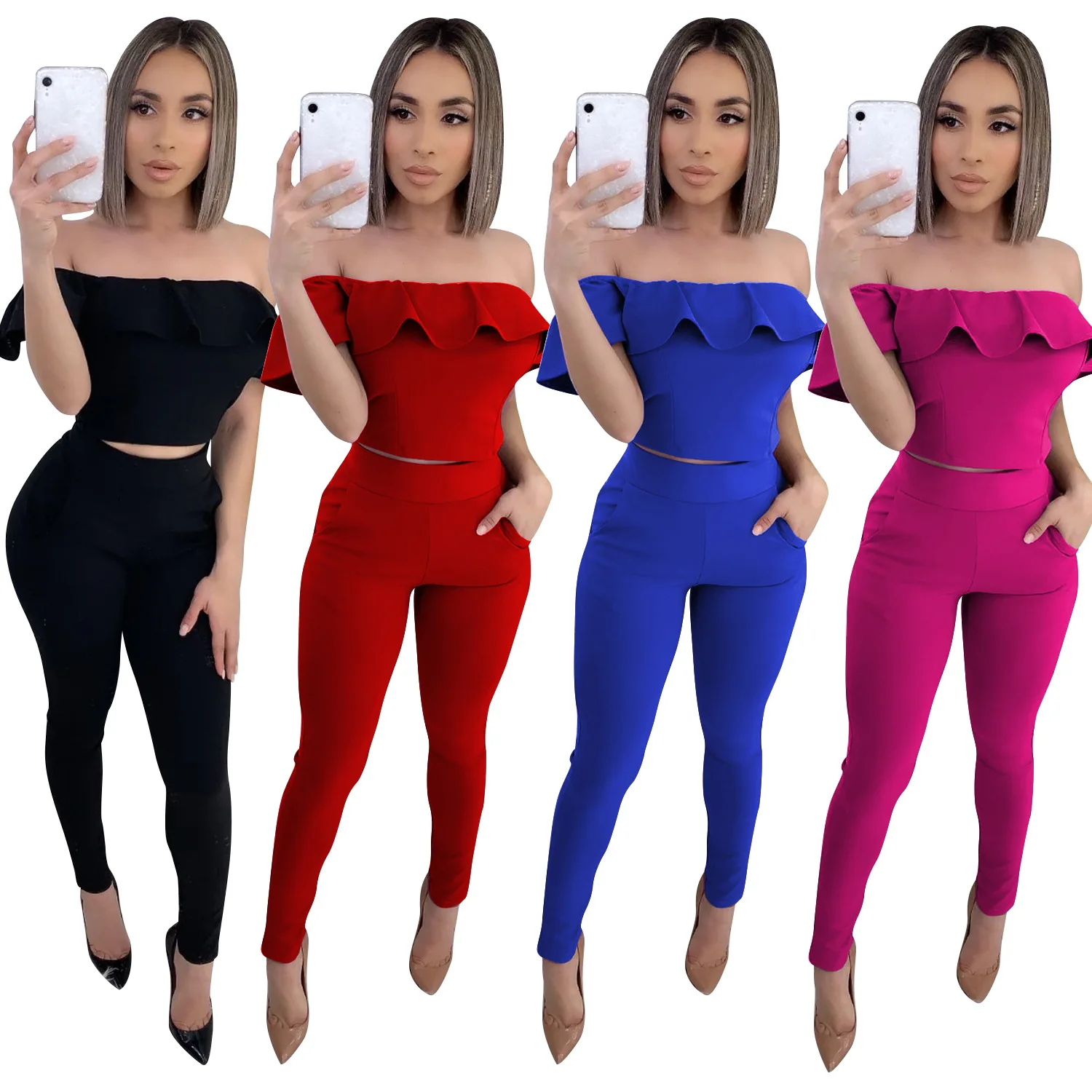 Wholesale new arrival fashion summer sexy off the shoulder tops pant two piece set women clothing
Wholesale new arrival fashion summer sexy off the shoulder tops pant two piece set women clothing