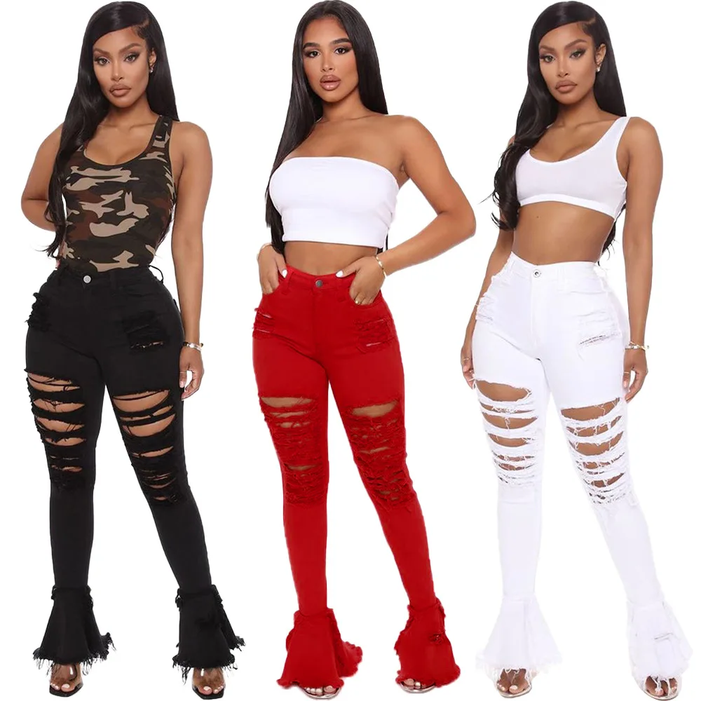 Wholesale new trendy fashion women's high waist hollow out denim distressed bell bottom black jeans pant, 2 colors
Wholesale new trendy fashion women's high waist hollow out denim distressed bell bottom black jeans pant, 2 colors