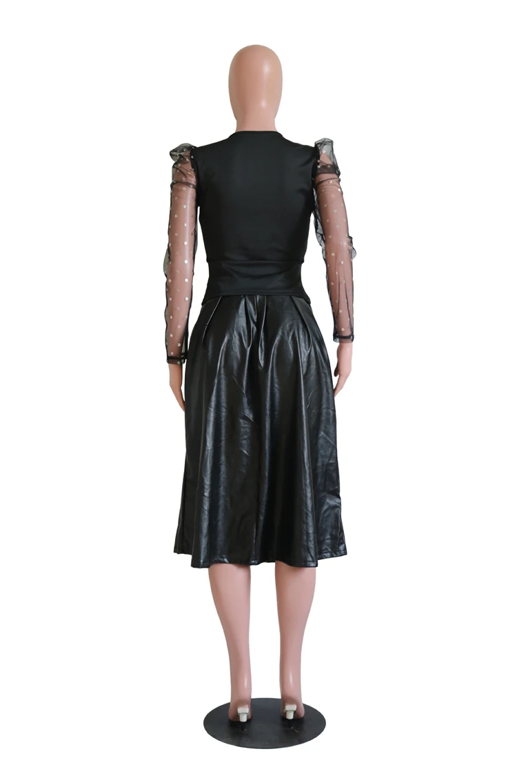 newest long sleeve sequined shirt with pu leather long skirt two piece set women clothing