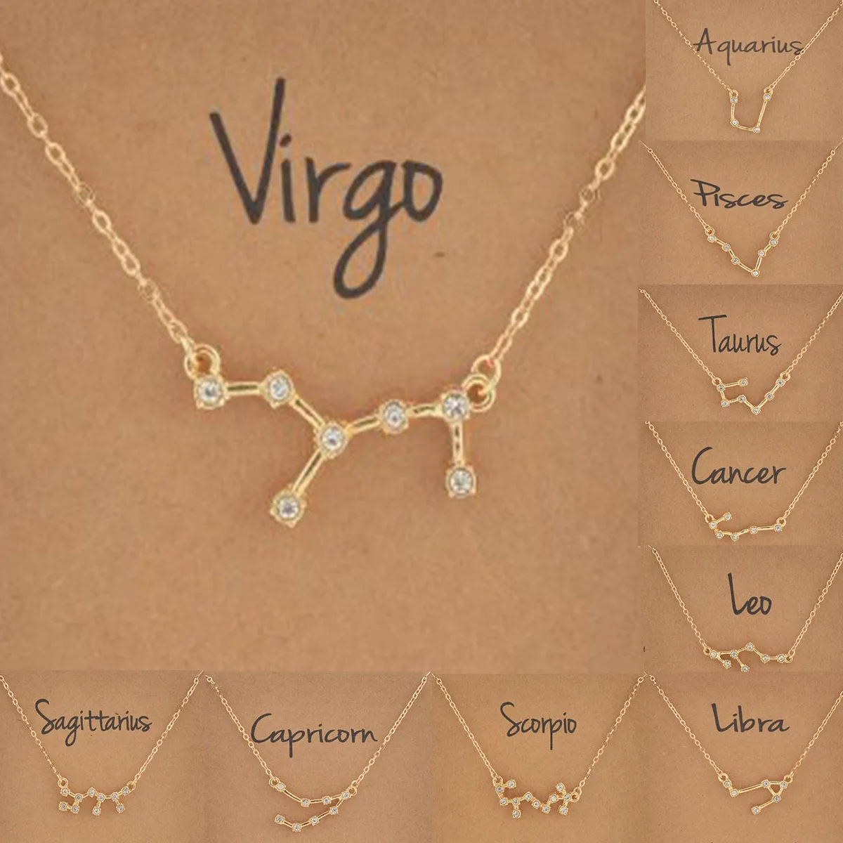 

Wholesale Gold Plated 12 Zodiac Necklace Rhinestone Star Pendant Jewelry Charm Horoscope Choker Astrology Wish Card Necklace, Gold silver