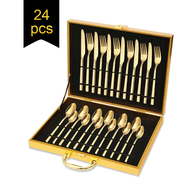 Wholesale Silverware Gold Flatware 24 pcs Cutlery Set Spoon and Fork Set in a case, Iridescent/silver/gold/rose gold/black/blue
Wholesale Silverware Gold Flatware 24 pcs Cutlery Set Spoon and Fork Set in a case, Iridescent/silver/gold/rose gold/black/blue