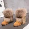 2019 winter ladies boot brown scrub cowhide women shoes raccoon fur snow boots for girls