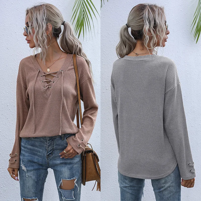 Spring 2021 Versatile long-sleeved grey V-neck solid-color pullover with loose knit bottom for women, Black, white, red, gray
Spring 2021 Versatile long-sleeved grey V-neck solid-color pullover with loose knit bottom for women, Black, white, red, gray