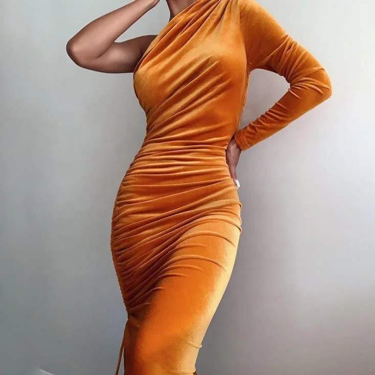 2021 Summer Trendy women Solid Long Sleeve velvet evening dresses ladies One Shoulder Slim Velvet Bodycon Dress
2021 Summer Trendy women Solid Long Sleeve velvet evening dresses ladies One Shoulder Slim Velvet Bodycon Dress