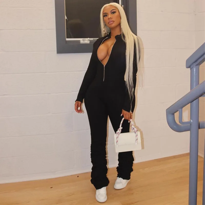 P0A3633 Wholesale Women Long Sleeve Playsuits Black Zipper Long Stack Ruffle Pant Casual Jumpsuit, Photo shows
P0A3633 Wholesale Women Long Sleeve Playsuits Black Zipper Long Stack Ruffle Pant Casual Jumpsuit, Photo shows