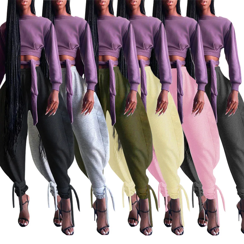 

Hot New Women Wide Leg Pants Hoodie Sweat Pants Solid Colors Outfits Lacing Cargo Pants Women Sweatpants Stacked Joggers