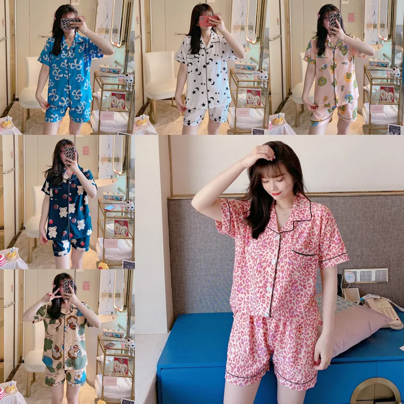 

Home Wear Lady Pijama Piyama Wanita Silk Short Sleeve Pajama Women Pyjama Satin Silk Cute Sleepwear Comfy Loungewear Night Gown