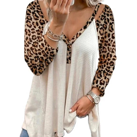 Wholesale casual hot sale spring long sleeve o-neck leopard printed button lace up solid pullover top stylish loose for ladies, As picture
Wholesale casual hot sale spring long sleeve o-neck leopard printed button lace up solid pullover top stylish loose for ladies, As picture