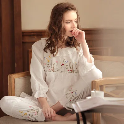 Sweet Lace Floral Embroidery Pajama Set Solid Cotton Ruffles Side Pajamas For Suit Women Two Piece Homewear Fairy Night Wear, White
Sweet Lace Floral Embroidery Pajama Set Solid Cotton Ruffles Side Pajamas For Suit Women Two Piece Homewear Fairy Night Wear, White