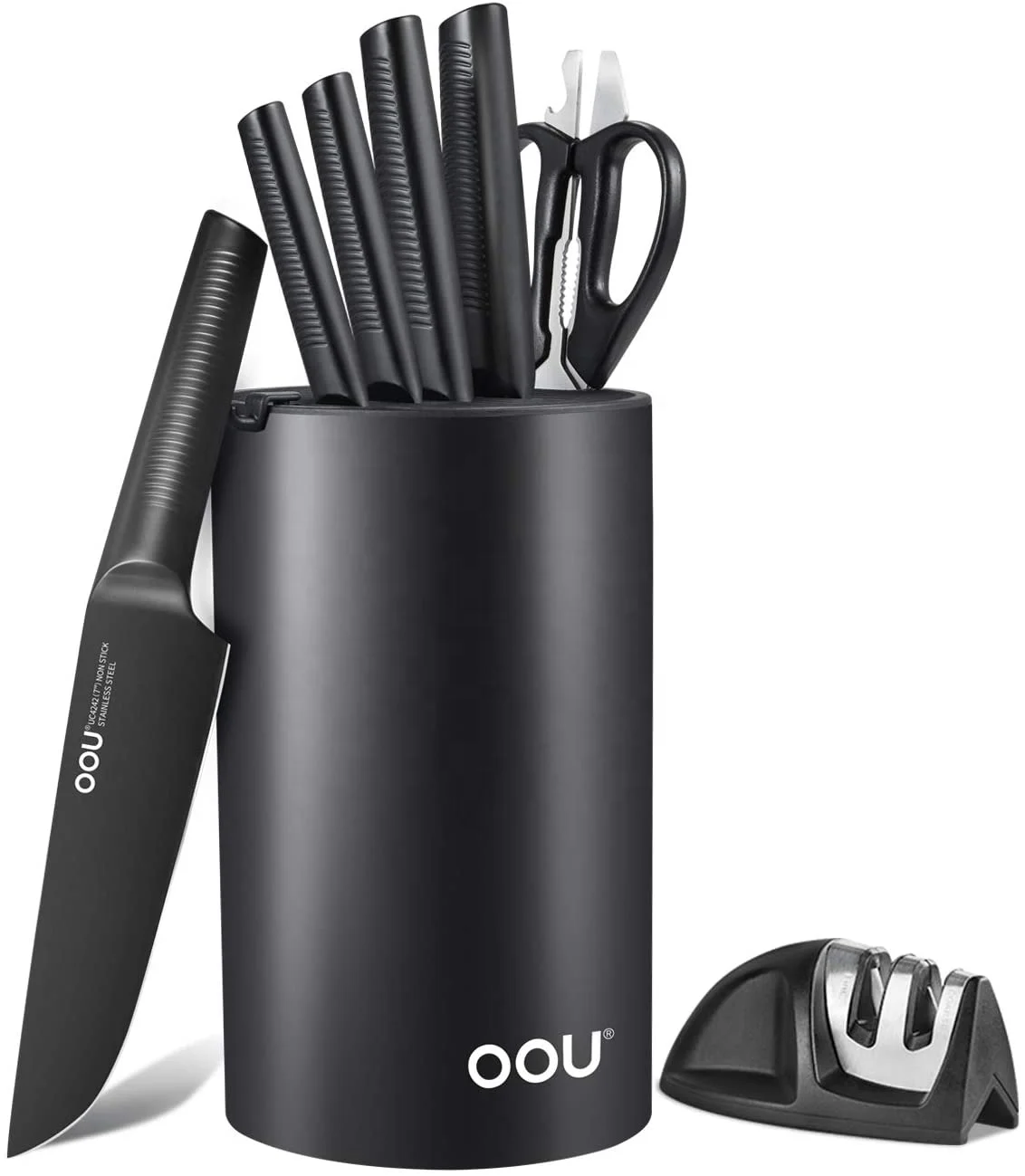 8 Pieces Professional OOU all black stainless steel kitchen chef knives set with knife sharpener
8 Pieces Professional OOU all black stainless steel kitchen chef knives set with knife sharpener