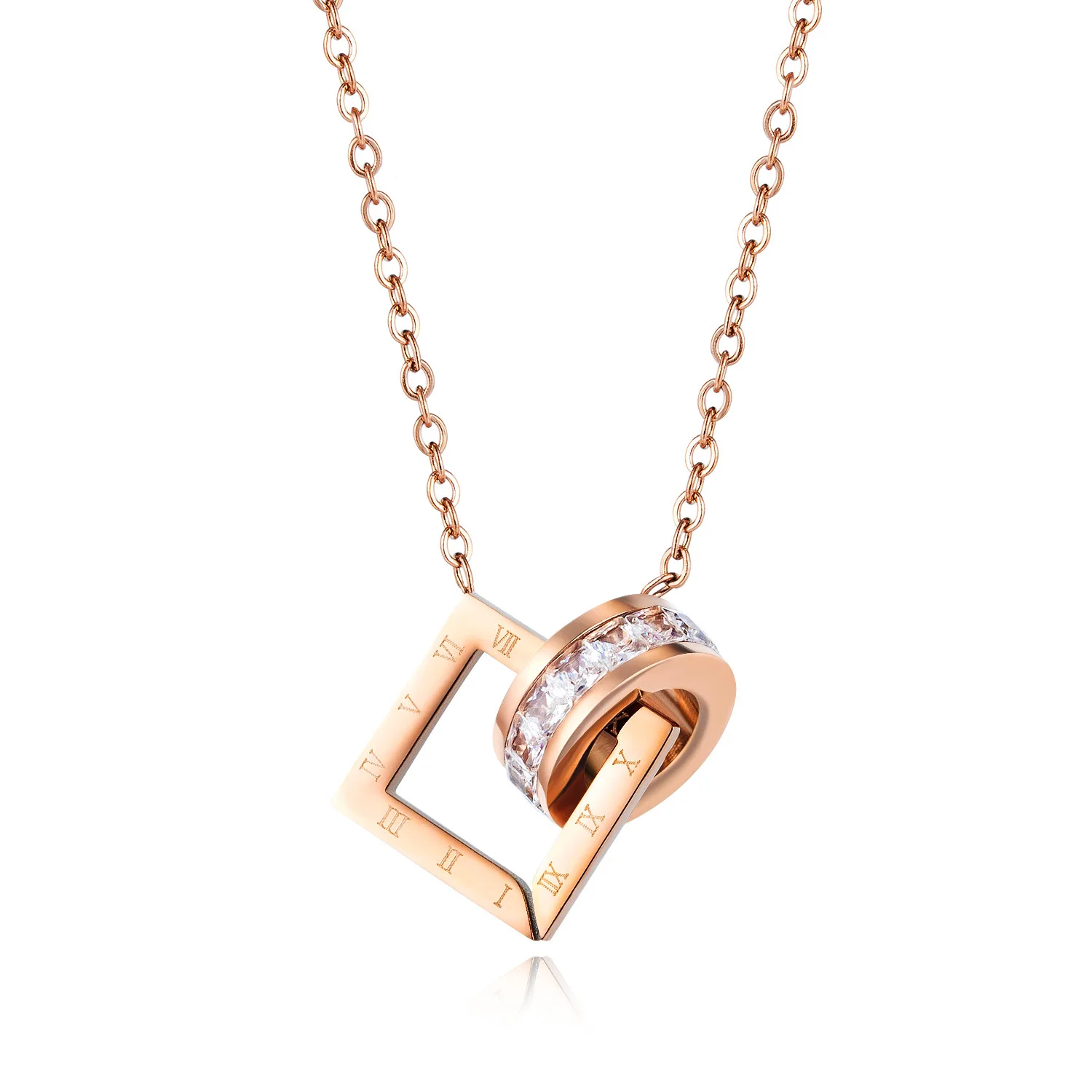 Ins Style 14K Rose Gold Double Ring Zircon Pendant classic square Roman numeral Necklace women's Stainless Steel Necklace
Ins Style 14K Rose Gold Double Ring Zircon Pendant classic square Roman numeral Necklace women's Stainless Steel Necklace