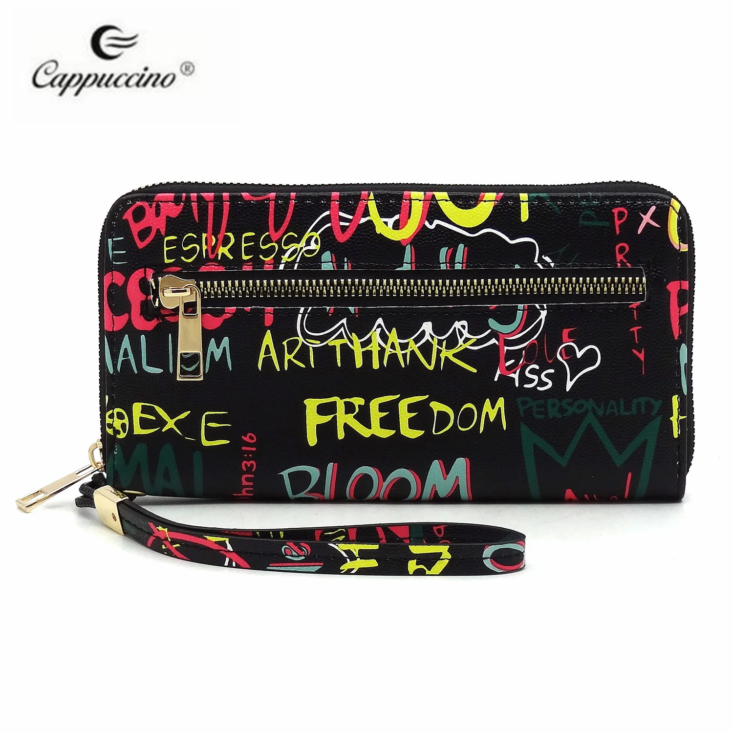

2021 Wholesale Multi Graffiti Print Faux Vegan Leather Handbag Clutch Card Holder Long Wallet Wristlet Custom With Logo, 4 colors