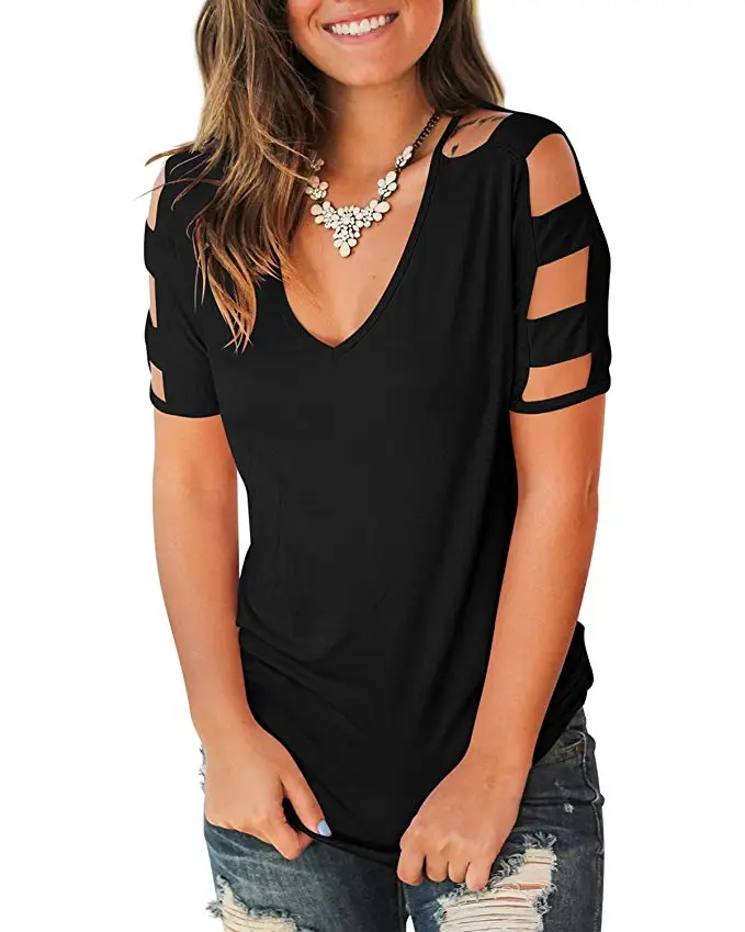 Women's Short Sleeve Cut Out Cold Shoulder Tops Deep V Neck T Shirts Short Sleeve V-Neck Off Shoulder Openwork Hole Tee Tops
Women's Short Sleeve Cut Out Cold Shoulder Tops Deep V Neck T Shirts Short Sleeve V-Neck Off Shoulder Openwork Hole Tee Tops