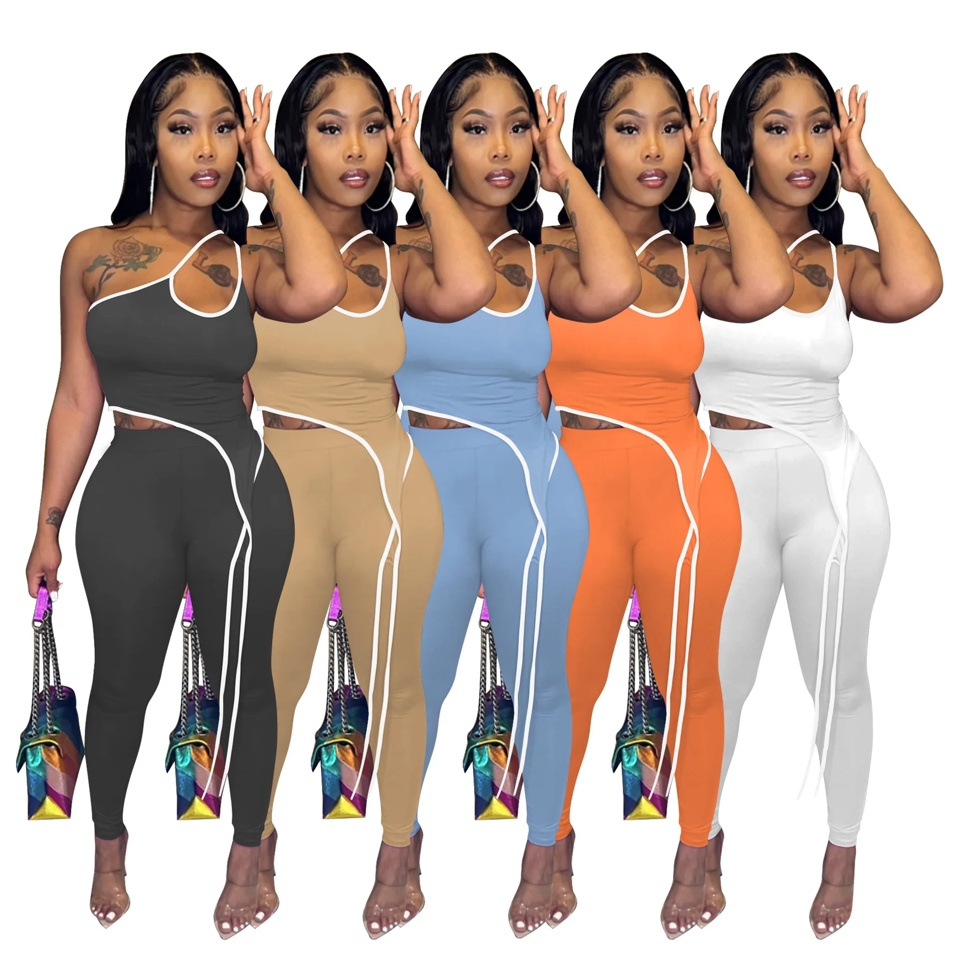 Wholesale Sleeveless Line Irregular One Shoulder Solid Crop Tops And Slim Pants Women Sexy 2 Piece Set, 5 colors
Wholesale Sleeveless Line Irregular One Shoulder Solid Crop Tops And Slim Pants Women Sexy 2 Piece Set, 5 colors