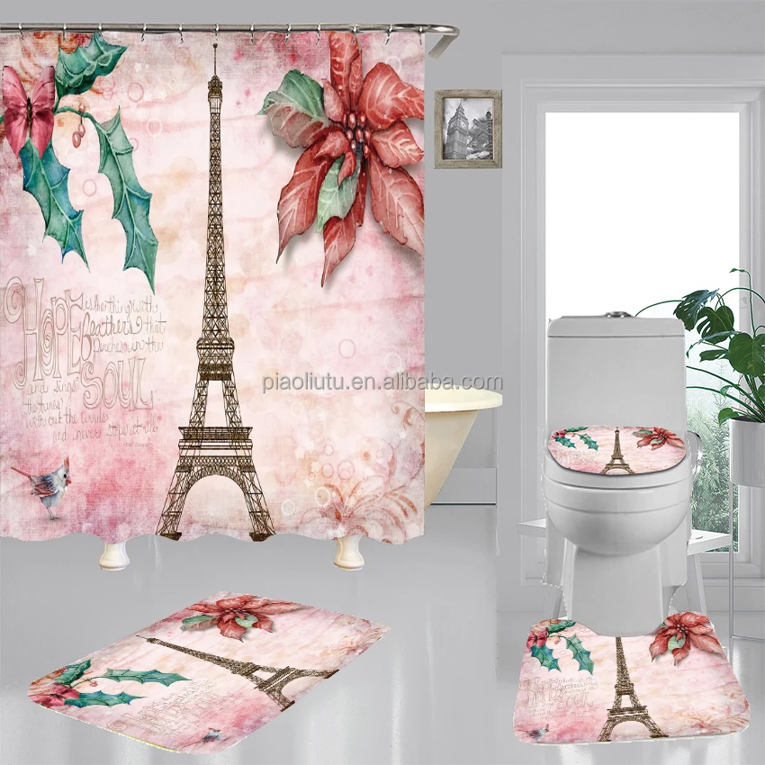 European 2024 Paris Eiffel Tower 4 piece shower curtain set Romantic rose for bathroom Home decoration, Custom-made
European 2024 Paris Eiffel Tower 4 piece shower curtain set Romantic rose for bathroom Home decoration, Custom-made
