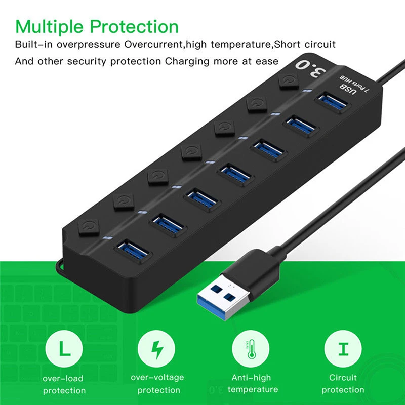 

High Speed USB Hub 4/7 Port USB 3.0 Hub 5Gbps On/Off Switches AC Power Adapter For PC Computer Accessories