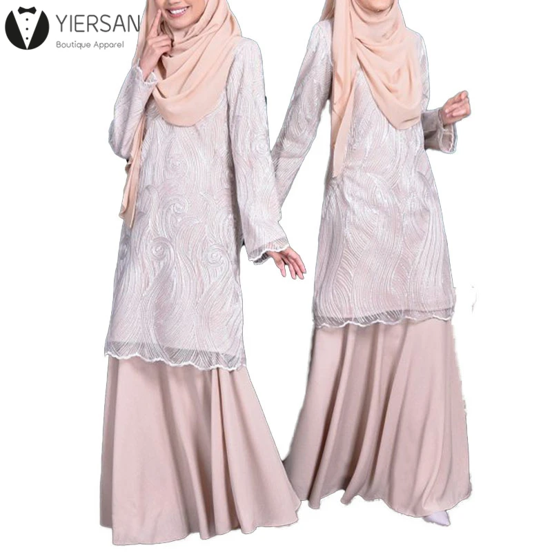 O Cou Imprimé Motif Dentelle Mince Volants Baju Kurung Moderne Kebaya Robe Pour Les Femmes Musulmanes