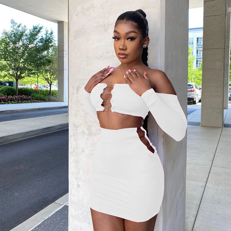 Fall Trendy Clothing Off Shoulder Plain Summer Skirts Sets Outfit Hollow Out Pin Decor Long Sleeve Two Piece Skirt Set For Women, White,black,rose red
Fall Trendy Clothing Off Shoulder Plain Summer Skirts Sets Outfit Hollow Out Pin Decor Long Sleeve Two Piece Skirt Set For Women, White,black,rose red