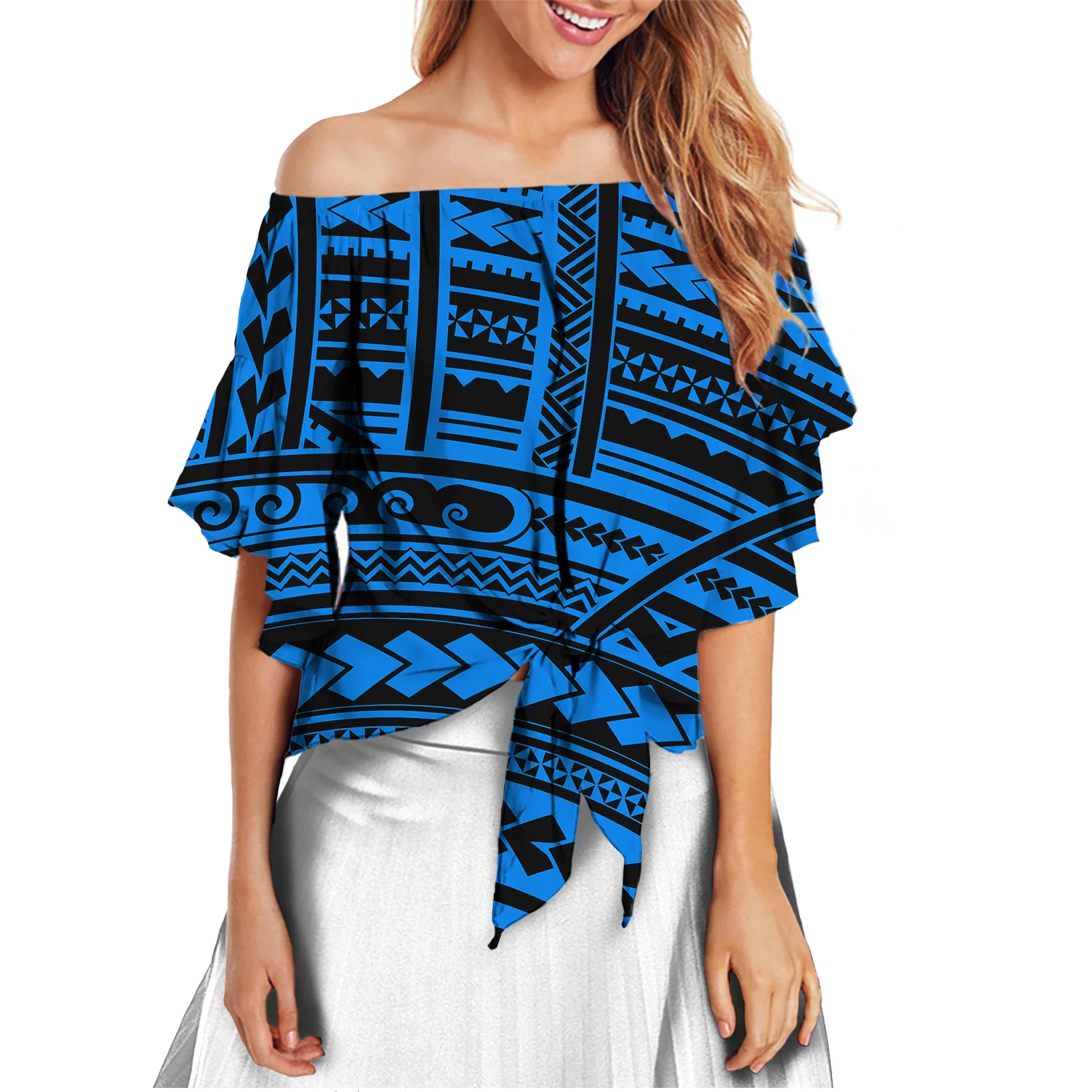 Blue Polynesian Tribal Casual Blouse for Women Designer Bell Sleeve Women Off Shoulder Tops Blouses Stylish TIe Knot Shirts
Blue Polynesian Tribal Casual Blouse for Women Designer Bell Sleeve Women Off Shoulder Tops Blouses Stylish TIe Knot Shirts