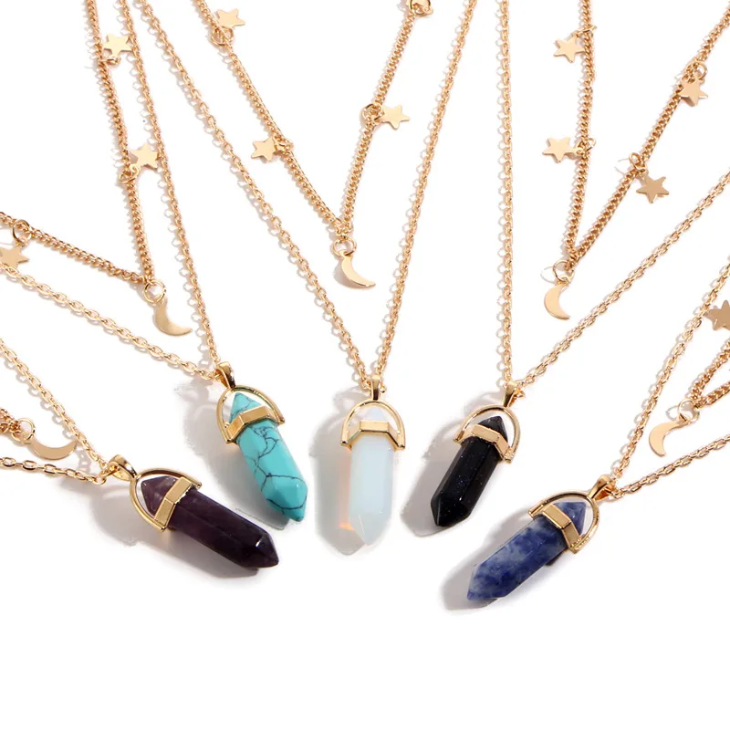 Vintage Hexagonal Quartz Crystal Necklace Jewelry Double Layer Star Moon Pendant Natural Stone Bullet Necklace
Vintage Hexagonal Quartz Crystal Necklace Jewelry Double Layer Star Moon Pendant Natural Stone Bullet Necklace