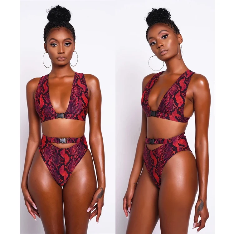 

Free Shipping Bikini snakeskin print high cut two piece bathing suit beachwear women swim wear for ladies