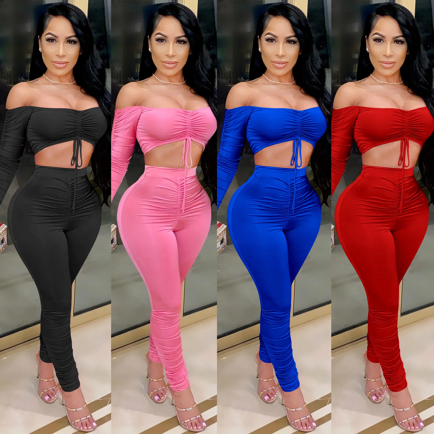 Sexy Off Shoulder Drawstring Tops Sportswear Ladies Fitness Two Piece Set Streetwear Outfits Long Sleeve 2 Piece Set for Women, Pink,red,blue,black
Sexy Off Shoulder Drawstring Tops Sportswear Ladies Fitness Two Piece Set Streetwear Outfits Long Sleeve 2 Piece Set for Women, Pink,red,blue,black