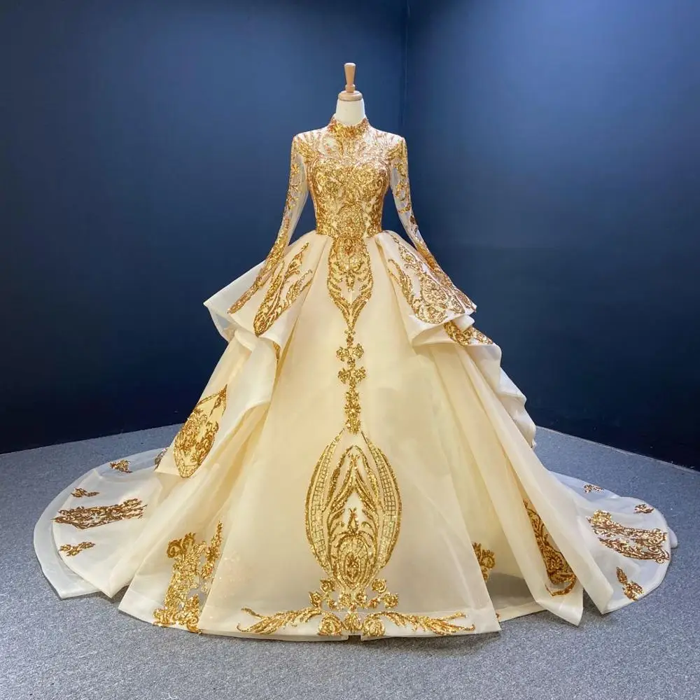 High Quality Luxury Full Sleeve Gold Sequins Lace Wedding Dress Big Ball Wedding Bridal Gowns, Custom made
High Quality Luxury Full Sleeve Gold Sequins Lace Wedding Dress Big Ball Wedding Bridal Gowns, Custom made
