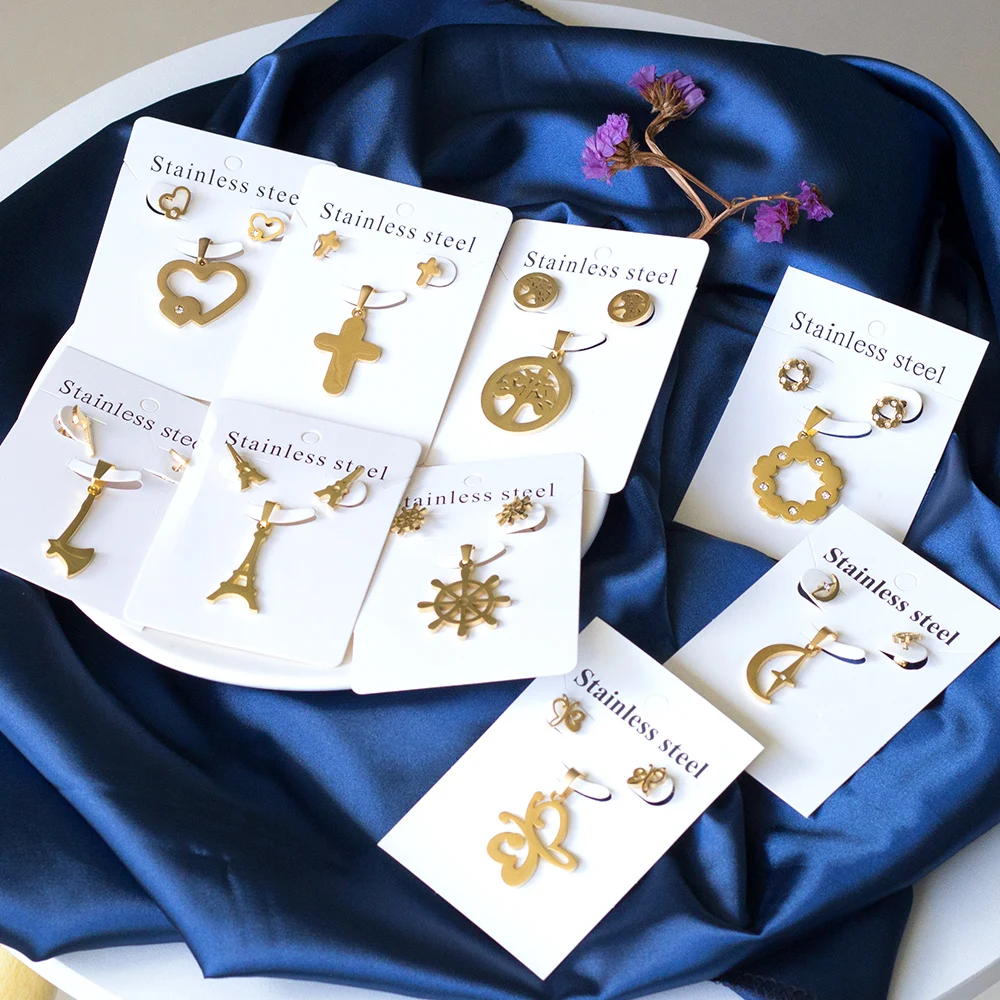 2021 New Arrival Shape Cute Pendant Necklace Earrings Stainless Steel Jewelry Set Woman, Gold/silver available
2021 New Arrival Shape Cute Pendant Necklace Earrings Stainless Steel Jewelry Set Woman, Gold/silver available