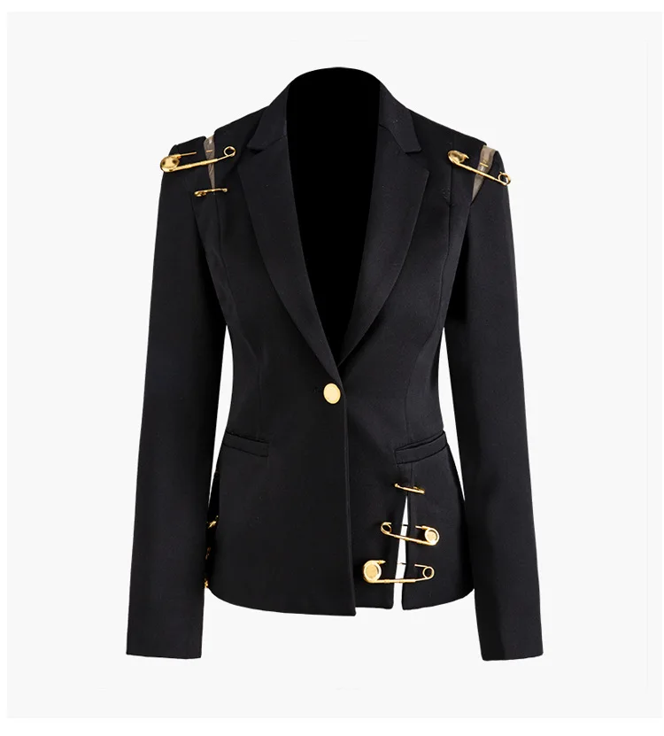 Suits Women Wholesale shoulder patchwork with mesh ladies blazer with special pin slim black blazer women
Suits Women Wholesale shoulder patchwork with mesh ladies blazer with special pin slim black blazer women