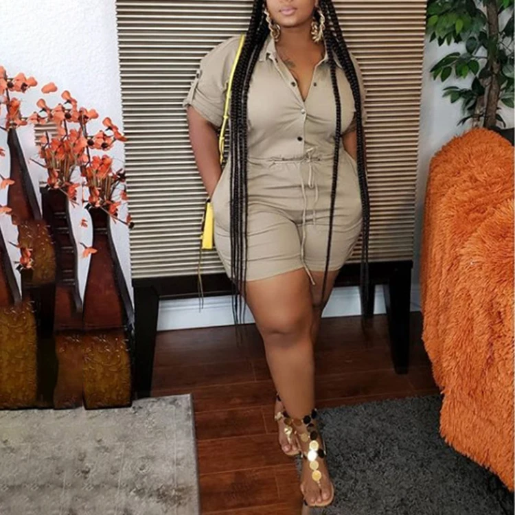 Plus Size Trendy Rompers Woman Summer Casual Turndown Collar Button Up Short Sleeve Romper, Khaki 
Plus Size Trendy Rompers Woman Summer Casual Turndown Collar Button Up Short Sleeve Romper, Khaki