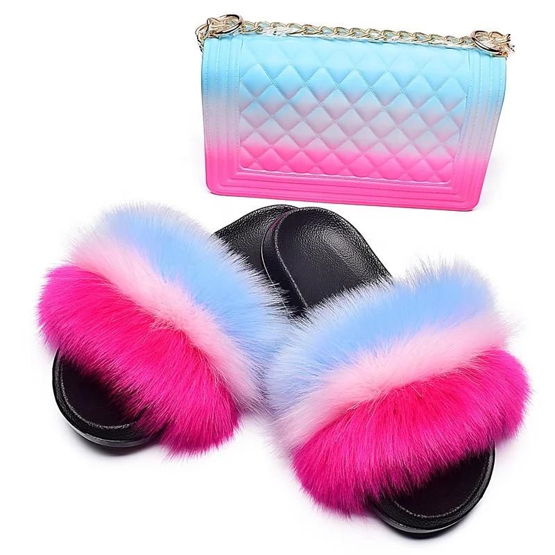 Color more choose jelly bag with faux fox fur raccoon fur slides slippers set, Customized color
Color more choose jelly bag with faux fox fur raccoon fur slides slippers set, Customized color