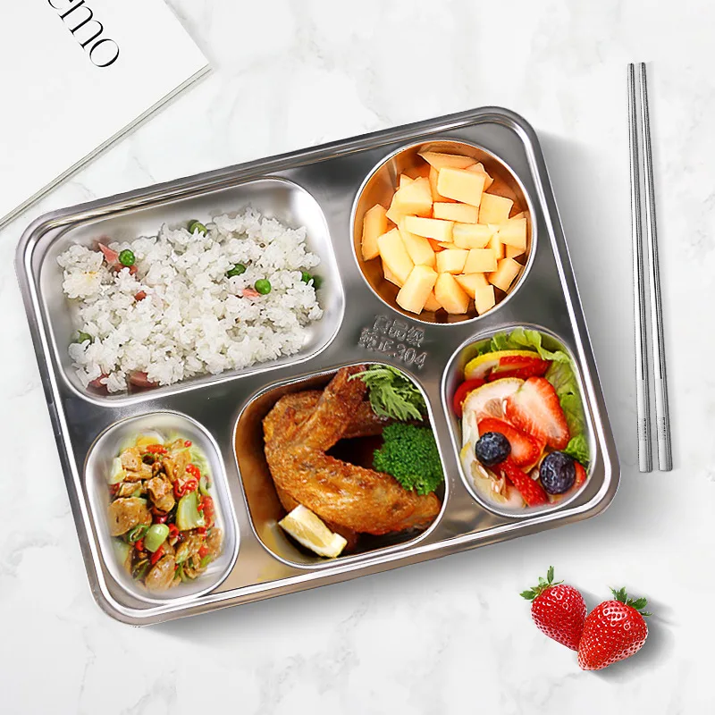 

School Canteen use Stainless Steel 4/5/6 Compartments Lunch Tray School Fast Food Divided Dinner Plates