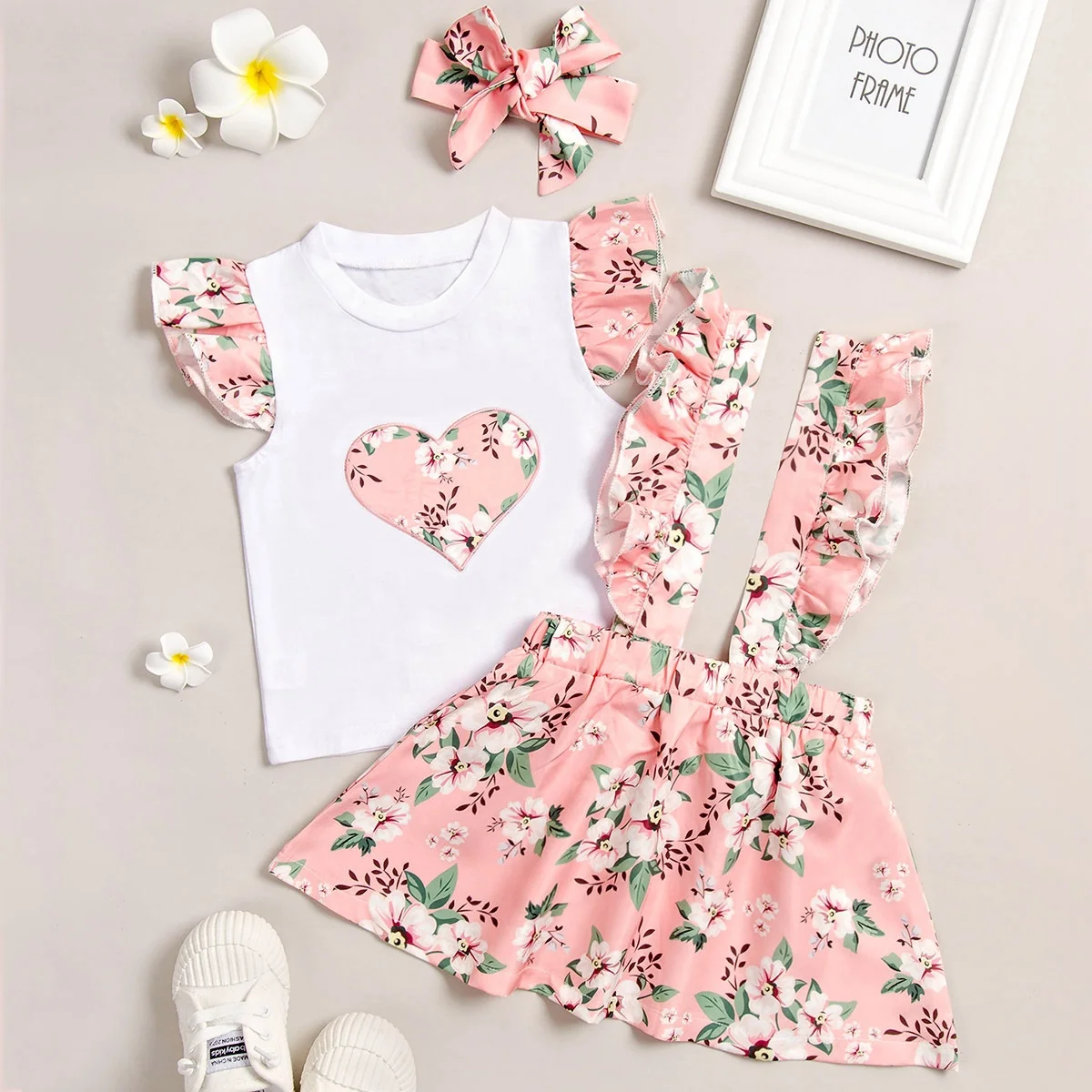 

2020 Sweet Summer Kids Baby Girl Clothes Set Pink Short Sleeve T-Shirt Tops+Floral Suspender Skirts 3pcs Outfits Casual Clothing, As picture