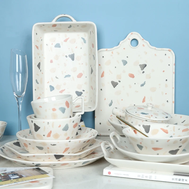 Nornic ins maid pink terrazzo ceramic dinnerware baking board food dish dessert bowl soup plate mug tableware set 
Nornic ins maid pink terrazzo ceramic dinnerware baking board food dish dessert bowl soup plate mug tableware set