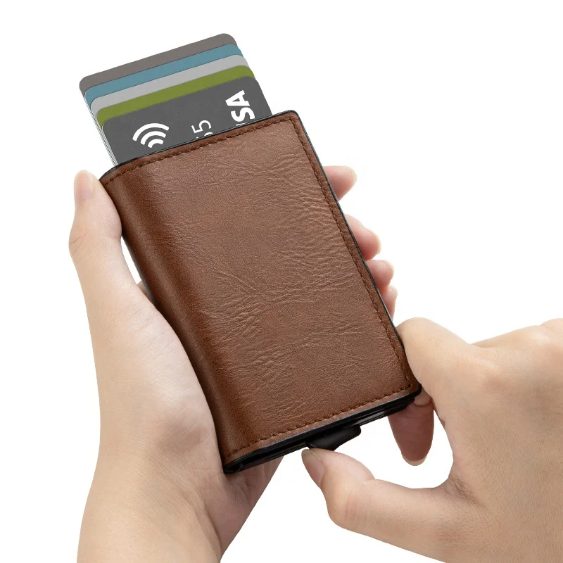 

New Trend Leather Rfid Blocking Pop Up Card Holder Aluminum Card Case Business Id Anti-Theft Wallet Card Holders, Black, brown, espresso, dark olive