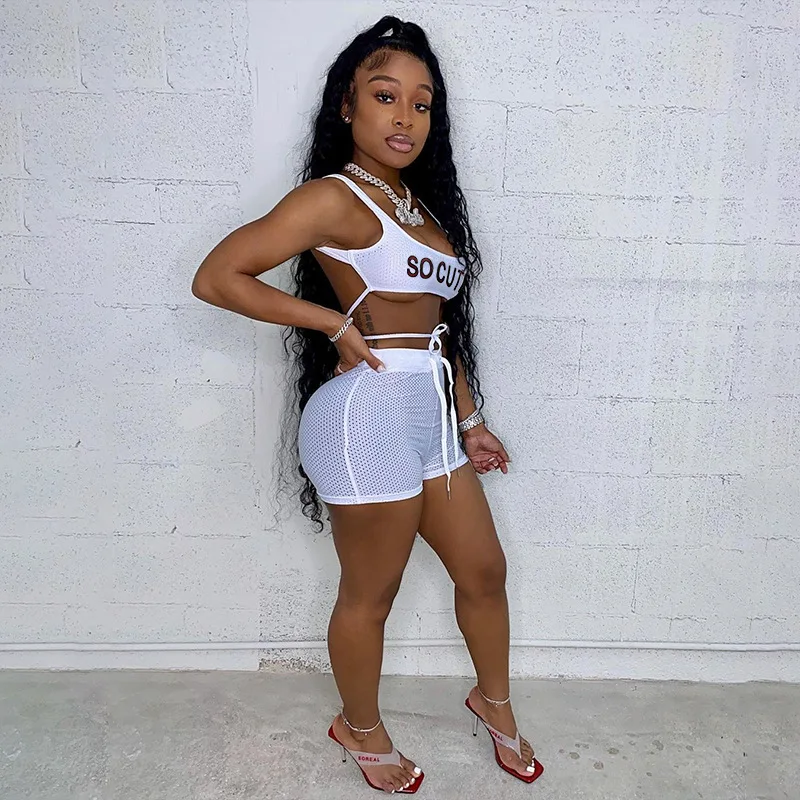 Wholesale Sportwear Crop Vest Top Short Sets Mesh Transparent Hollow Out Drawstring Women Matching Outfit Sets, Picture color
Wholesale Sportwear Crop Vest Top Short Sets Mesh Transparent Hollow Out Drawstring Women Matching Outfit Sets, Picture color