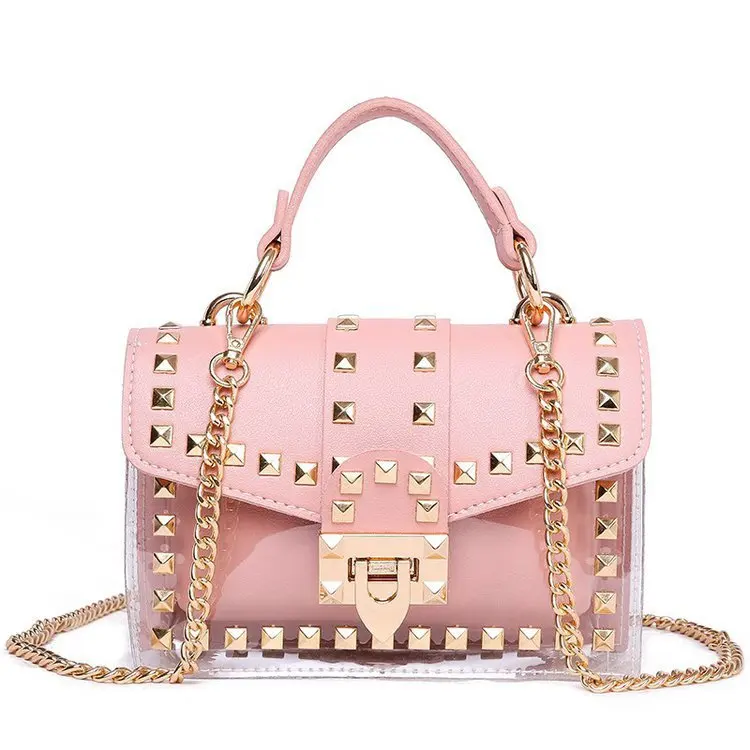 New Custom Transparent Plastic Rivet Chain Handbags Purse Fashion Crossbody Pvc Candy Jelly Bag with Handle, 5colors
New Custom Transparent Plastic Rivet Chain Handbags Purse Fashion Crossbody Pvc Candy Jelly Bag with Handle, 5colors