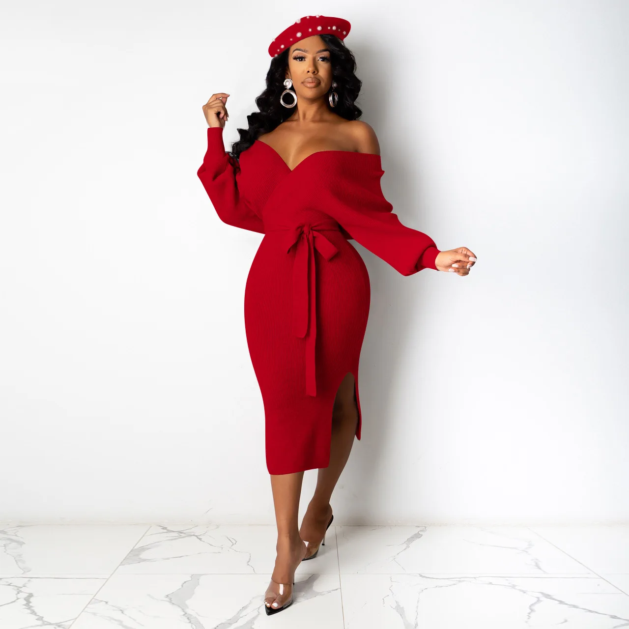European and American plus size knit dress solid color women's sexy backless v-neck tie bow long sleeve jersey dress, Picture color
European and American plus size knit dress solid color women's sexy backless v-neck tie bow long sleeve jersey dress, Picture color