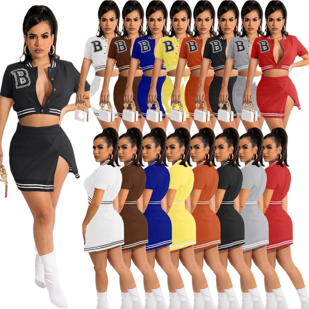 2022 Women Summer Letter Print Woman Short Sleeve 2 Piece Varsity Baseball Jacket Set Cropped Mini Skirt Set Two Piece Skirt Set, Blue,black,red,brown
2022 Women Summer Letter Print Woman Short Sleeve 2 Piece Varsity Baseball Jacket Set Cropped Mini Skirt Set Two Piece Skirt Set, Blue,black,red,brown