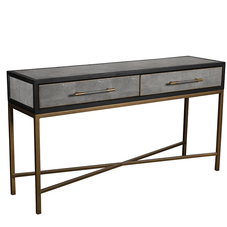 Contemporary modern gold metal faux shagreen leather console table