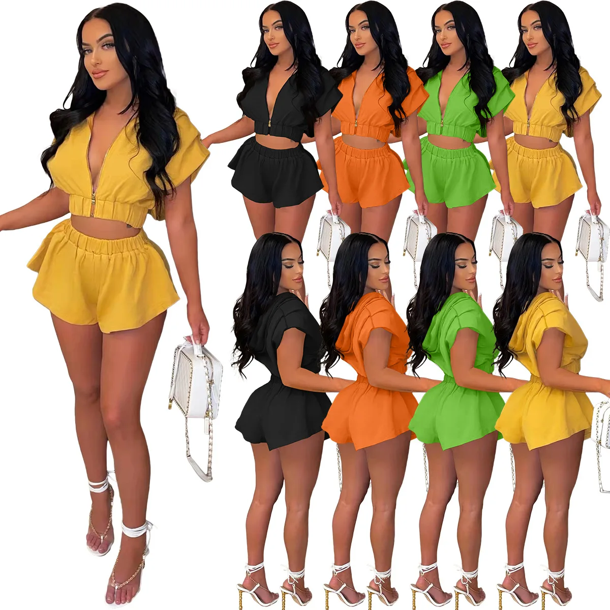 2022 New Arrivals Solid Zipper Hoodie 2 Piece Short Set Women Short Sleeve Crop Top And Mini Short Set
2022 New Arrivals Solid Zipper Hoodie 2 Piece Short Set Women Short Sleeve Crop Top And Mini Short Set