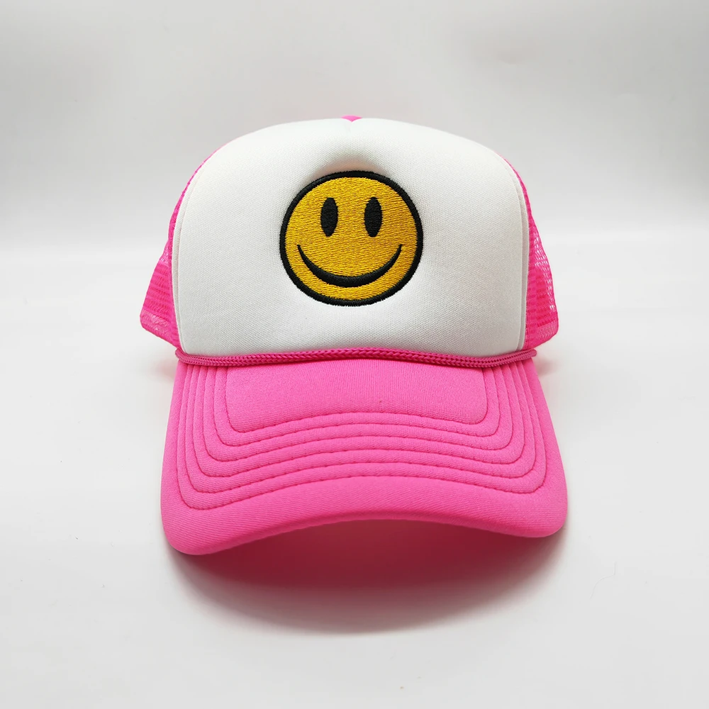 summer women beach 5 panel polyester mesh back cap smiley face hot pink custom foam trucker hat with rope
summer women beach 5 panel polyester mesh back cap smiley face hot pink custom foam trucker hat with rope