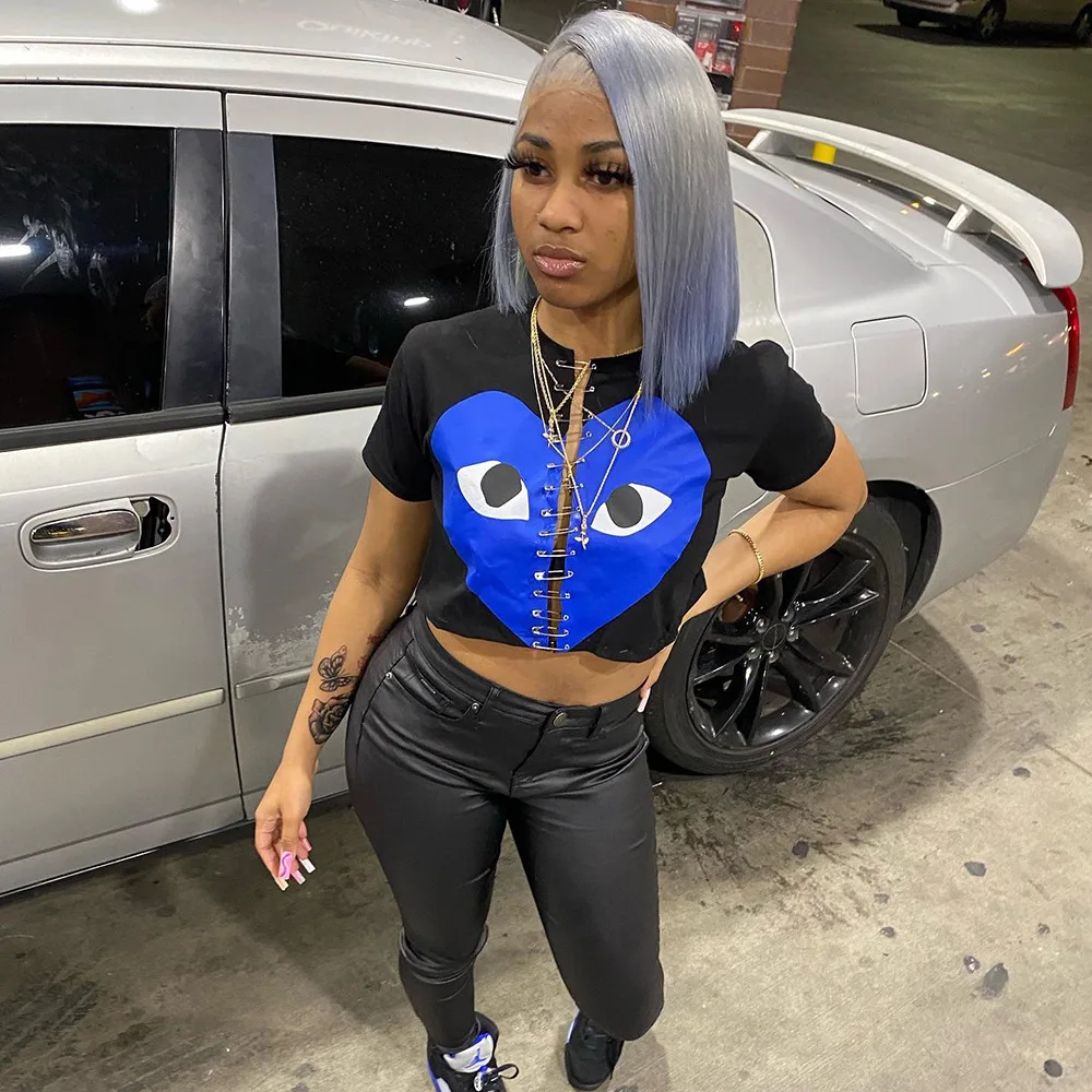 New Arrivals Women Summer Tops 2022 Trend Patchwork Short Sleeve Shirt Women Sexy Heart Print Women Safety Pin Crop T Shirts, Black
New Arrivals Women Summer Tops 2022 Trend Patchwork Short Sleeve Shirt Women Sexy Heart Print Women Safety Pin Crop T Shirts, Black
