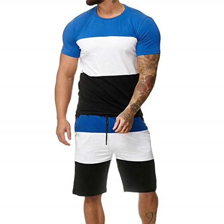 

QC-DX-01 Men fashion summer stripe t shirts and biker shorts fitness sets