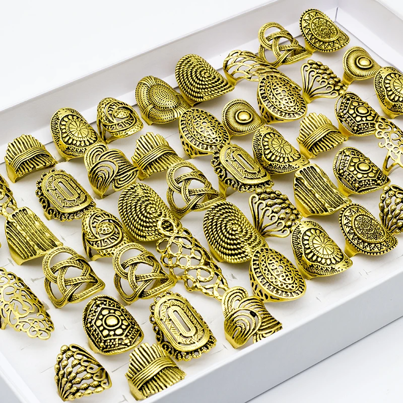 100Pcs/lot Mix Styles Vintage Carved Flower Rings Ancient Gold Color Hollow Rings Wholesale Party Gifts
100Pcs/lot Mix Styles Vintage Carved Flower Rings Ancient Gold Color Hollow Rings Wholesale Party Gifts