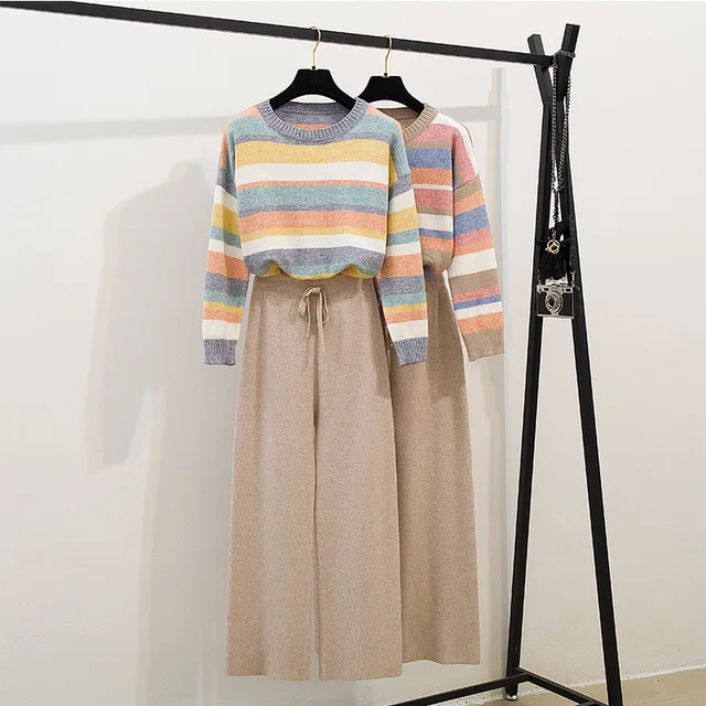 Spring Autumn Women knitted 2 Piece Set Female Stripe Rainbow Pullover Sweater + Wide Leg Pants Two Piece Outfits Suit
Spring Autumn Women knitted 2 Piece Set Female Stripe Rainbow Pullover Sweater + Wide Leg Pants Two Piece Outfits Suit