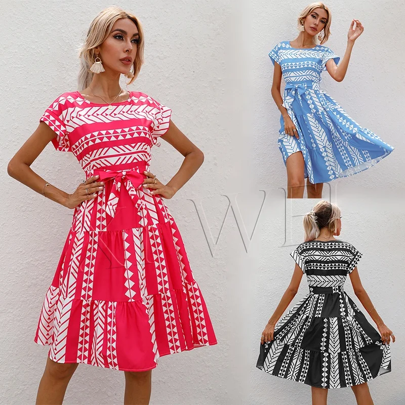 High quality 2021 summer casual polyester dress fashion geometric print waist bandage short sleeve dress for women
High quality 2021 summer casual polyester dress fashion geometric print waist bandage short sleeve dress for women