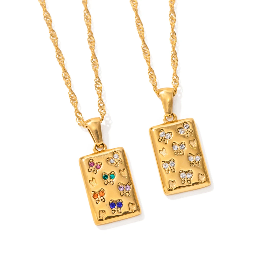 18K Gold Plated Stainless Steel Jewelry Square Colorful Zircon Paved Butterfly Pendant Necklace for Women
18K Gold Plated Stainless Steel Jewelry Square Colorful Zircon Paved Butterfly Pendant Necklace for Women