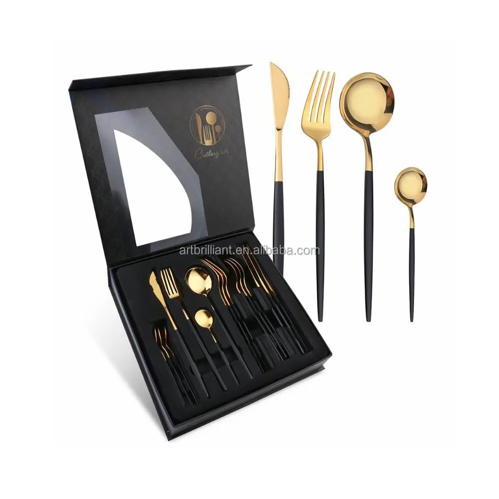 black and gold color full cutlery set gold luxury cutlery 24 piece set gift box BC2103
black and gold color full cutlery set gold luxury cutlery 24 piece set gift box BC2103